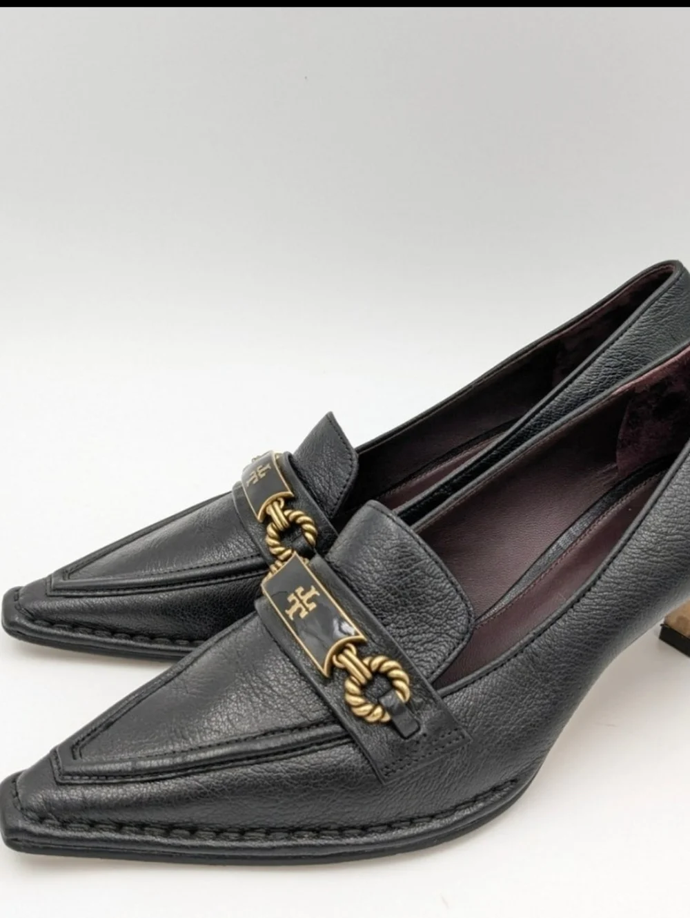 Tory Burch Black Leather Pointed Kitten Heel Loafers with Gold Hardware